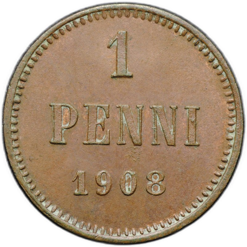 Монета 1 пенни 1908 Русская Финляндия