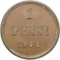 Монета 1 пенни 1908 Русская Финляндия