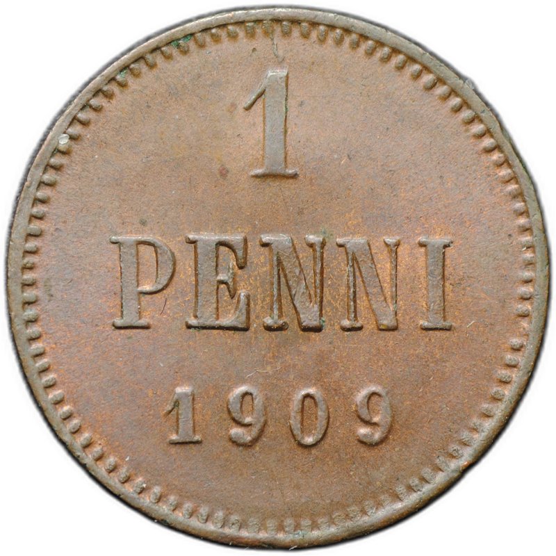 Монета 1 пенни 1909 Русская Финляндия