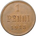 Монета 1 пенни 1913 Русская Финляндия