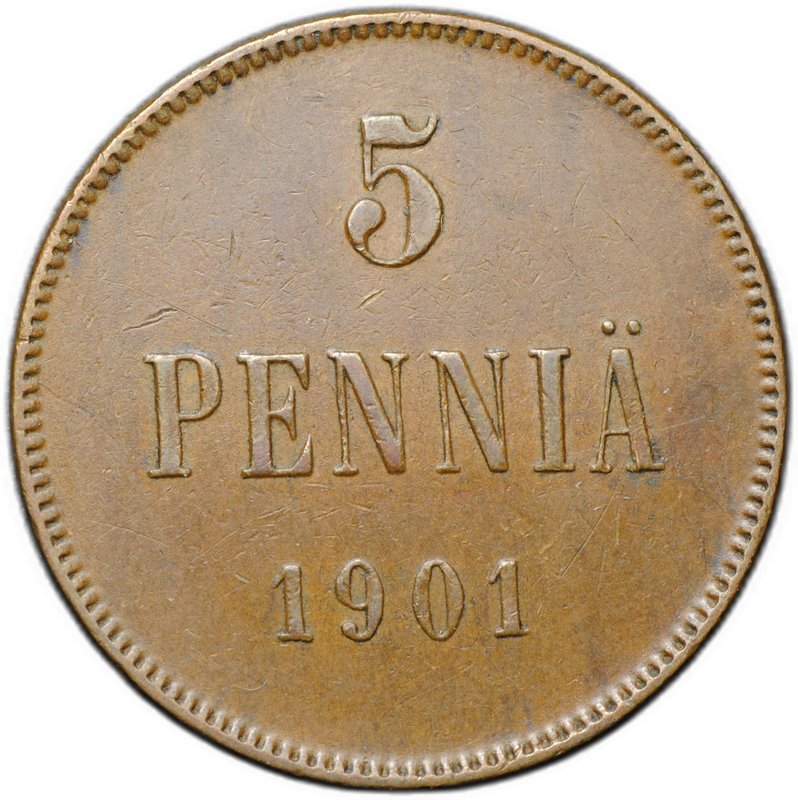 Монета 5 пенни 1901 Русская Финляндия