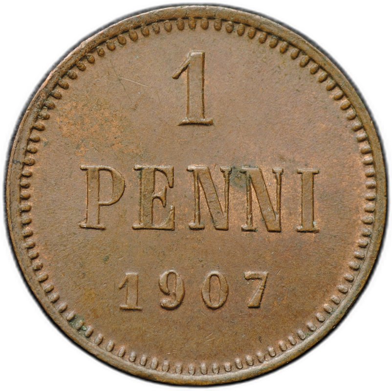 Монета 1 пенни 1907 Русская Финляндия