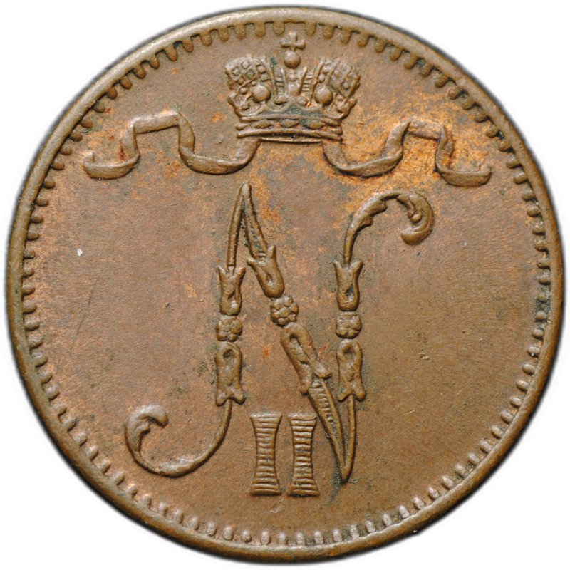 Монета 1 пенни 1907 Русская Финляндия
