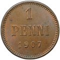 Монета 1 пенни 1907 Русская Финляндия