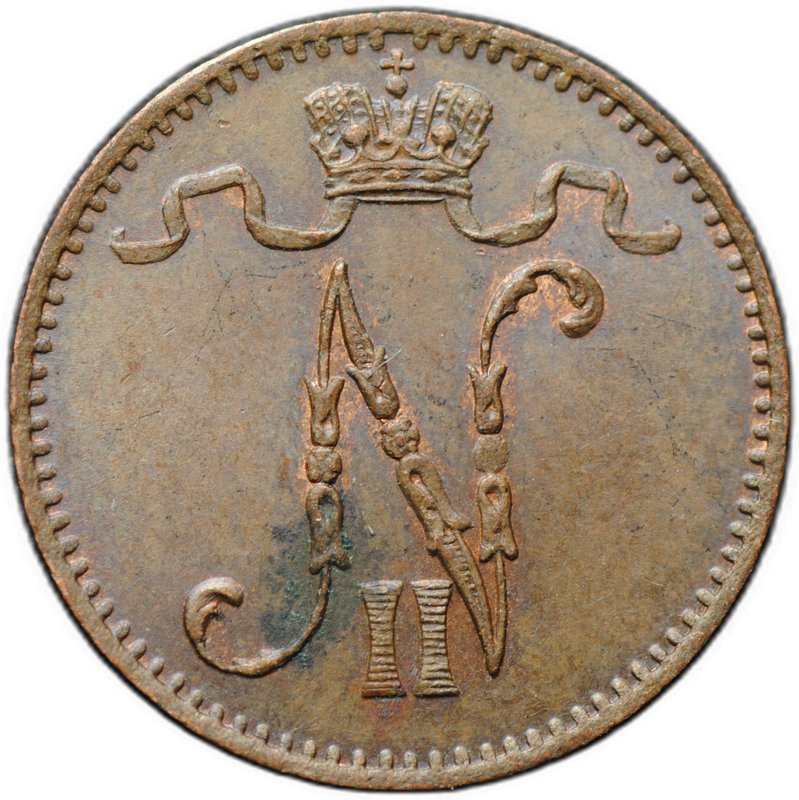 Монета 1 пенни 1907 Русская Финляндия