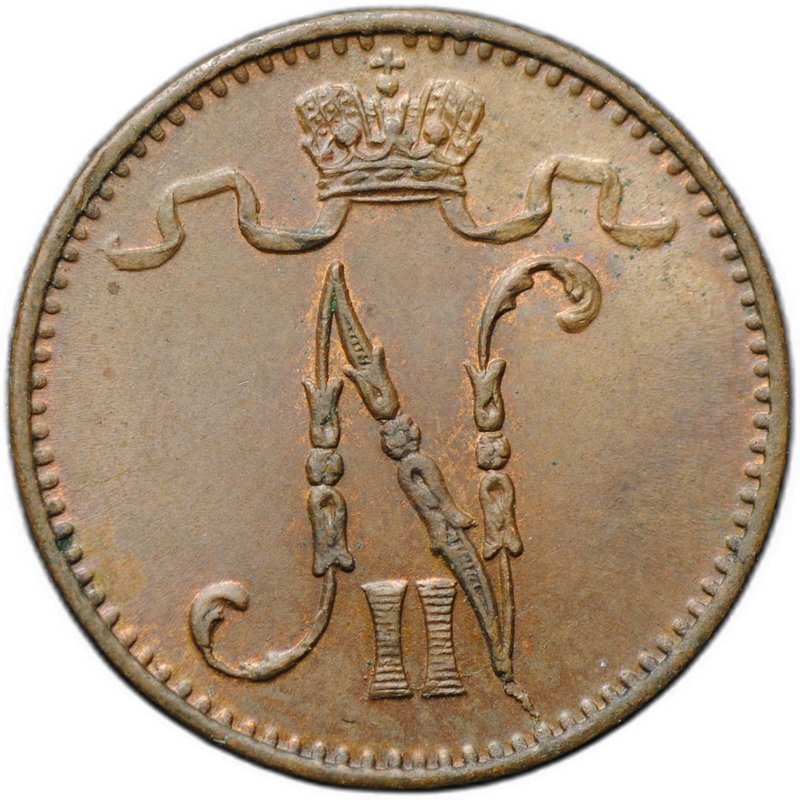 Монета 1 пенни 1909 Русская Финляндия