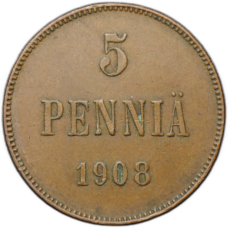 Монета 5 пенни 1908 Русская Финляндия