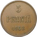 Монета 5 пенни 1908 Русская Финляндия