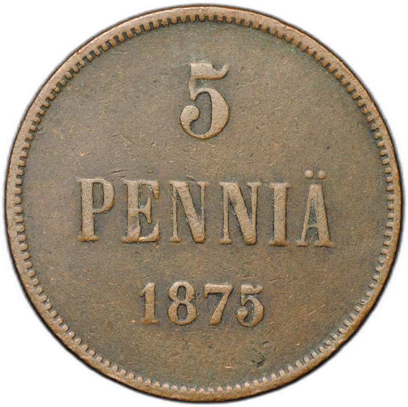 Монета 5 пенни 1875 Русская Финляндии