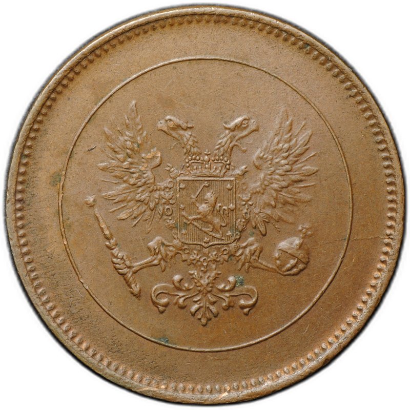 Монета 5 пенни 1917 Гербовой орел без корон Русская Финляндия