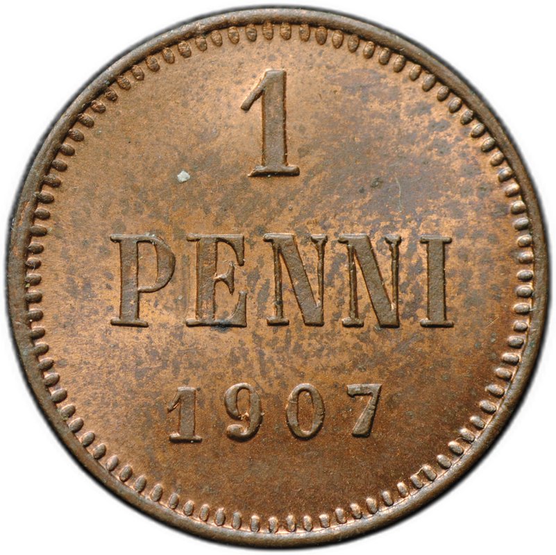 Монета 1 пенни 1907 Русская Финляндия