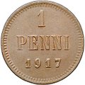 Монета 1 пенни 1917 Русская Финляндия
