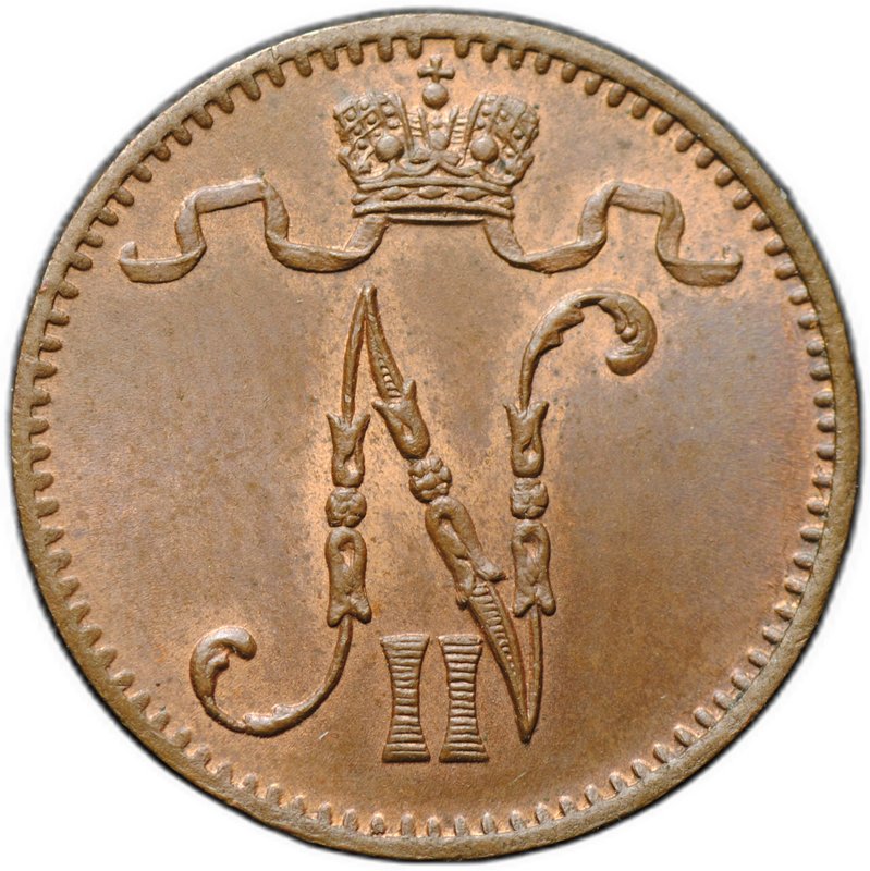 Монета 1 пенни 1907 Русская Финляндия