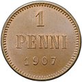 Монета 1 пенни 1907 Русская Финляндия