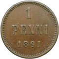 Монета 1 пенни 1891 Русская Финляндия