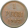 Монета 1 пенни 1917 Русская Финляндия
