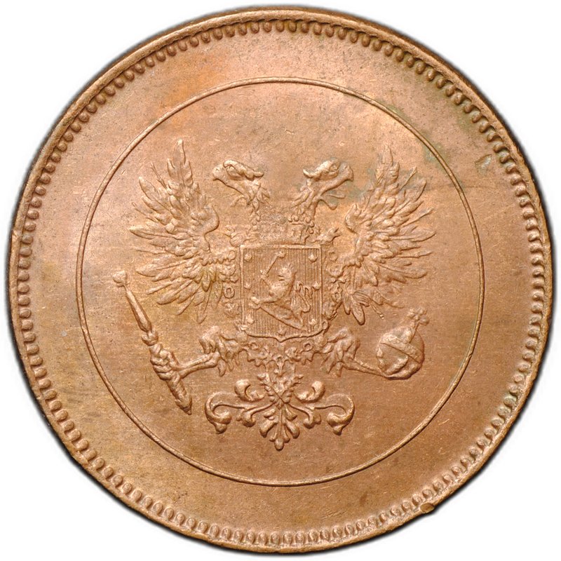 Монета 5 пенни 1917 Гербовой орел без корон Русская Финляндия