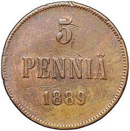 фото для Монета 5 пенни 1889 Русская Финляндия Аверс