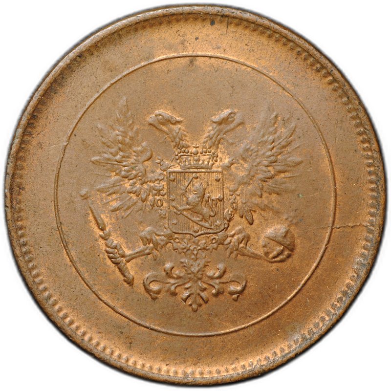 Монета 5 пенни 1917 Гербовой орел без корон Русская Финляндия
