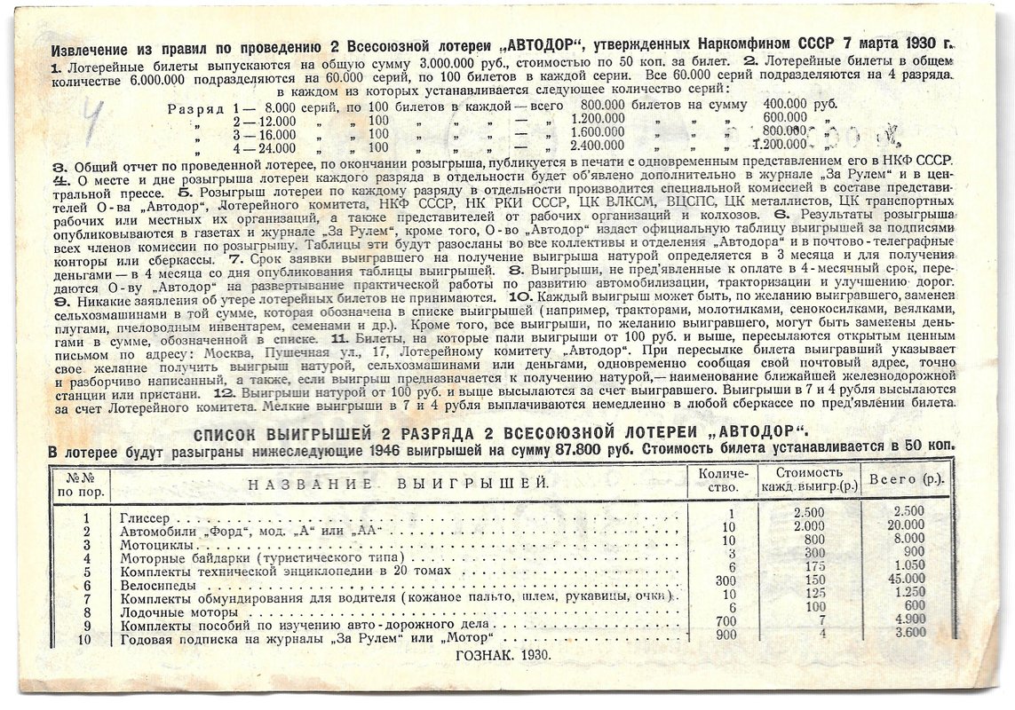 Лотерейный билет 50 копеек 1930 2-я Всесоюзная лотерея АВТОДОР Разряд 2 серый фон