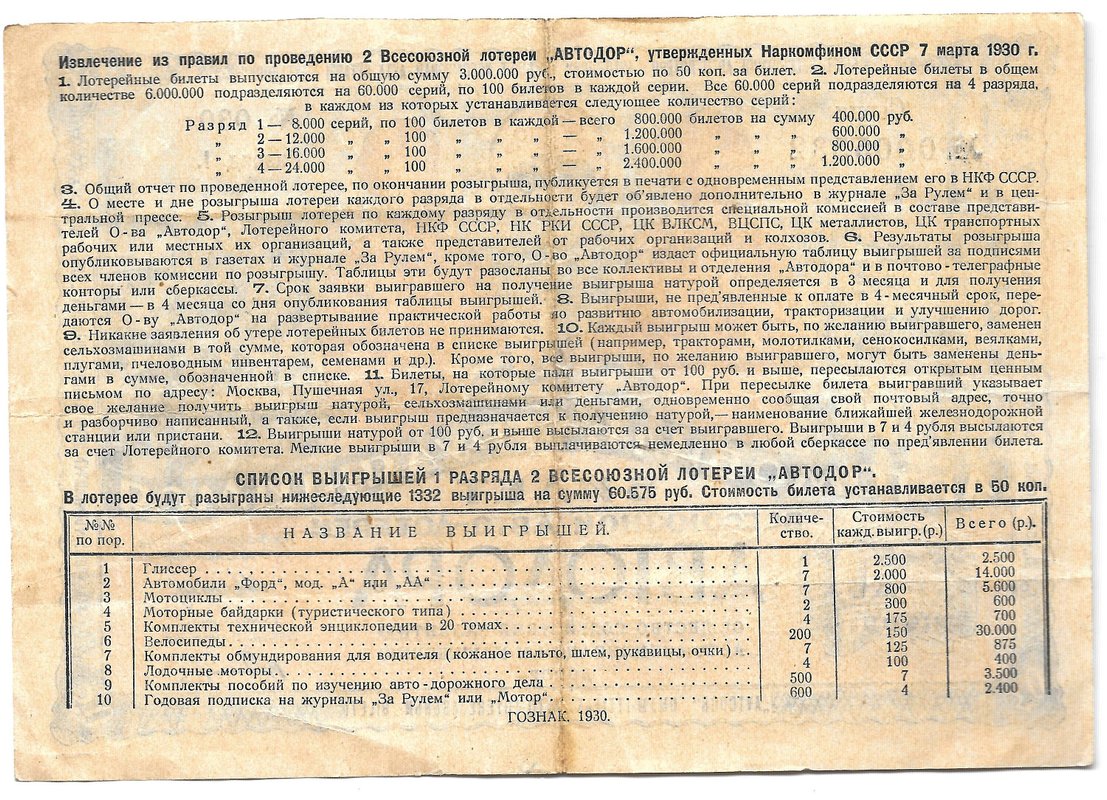 Лотерейный билет 50 копеек 1930 2-я Всесоюзная лотерея АВТОДОР Разряд 1