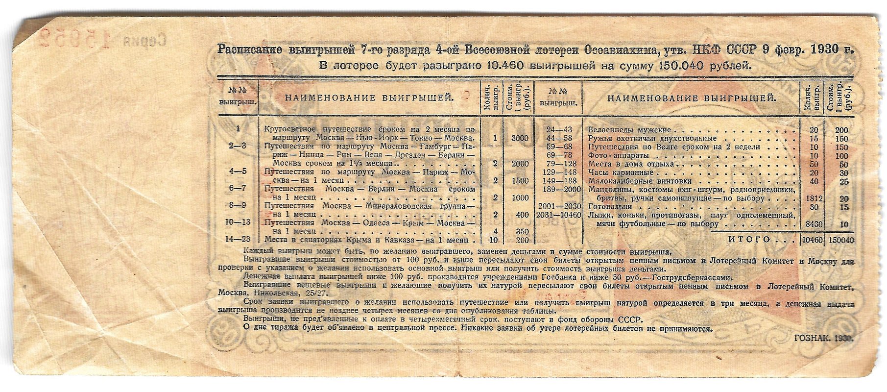 Лотерейный билет 50 копеек 1930 ОСОАВИАХИМ 4-я всесоюзная лотерея