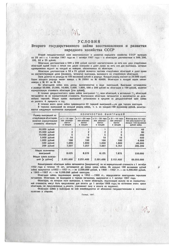 Облигация 50 рублей 1947 Второй государственный заем восстановления и развития народного хозяйства СССР