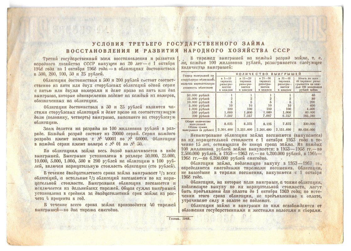 Облигация 200 рублей 1948 3-й Государственный заем восстановления и развития народного хозяйства СССР