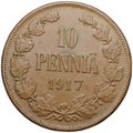 Монета 10 пенни 1917 Гербовой орел без корон Русская Финляндия