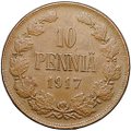 Монета 10 пенни 1917 Гербовой орел без корон Русская Финляндия
