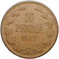 Монета 10 пенни 1917 Гербовой орел без корон Русская Финляндия