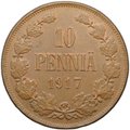 Монета 10 пенни 1917 Гербовой орел без корон Русская Финляндия