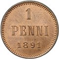 Монета 1 пенни 1891 Русская Финляндия