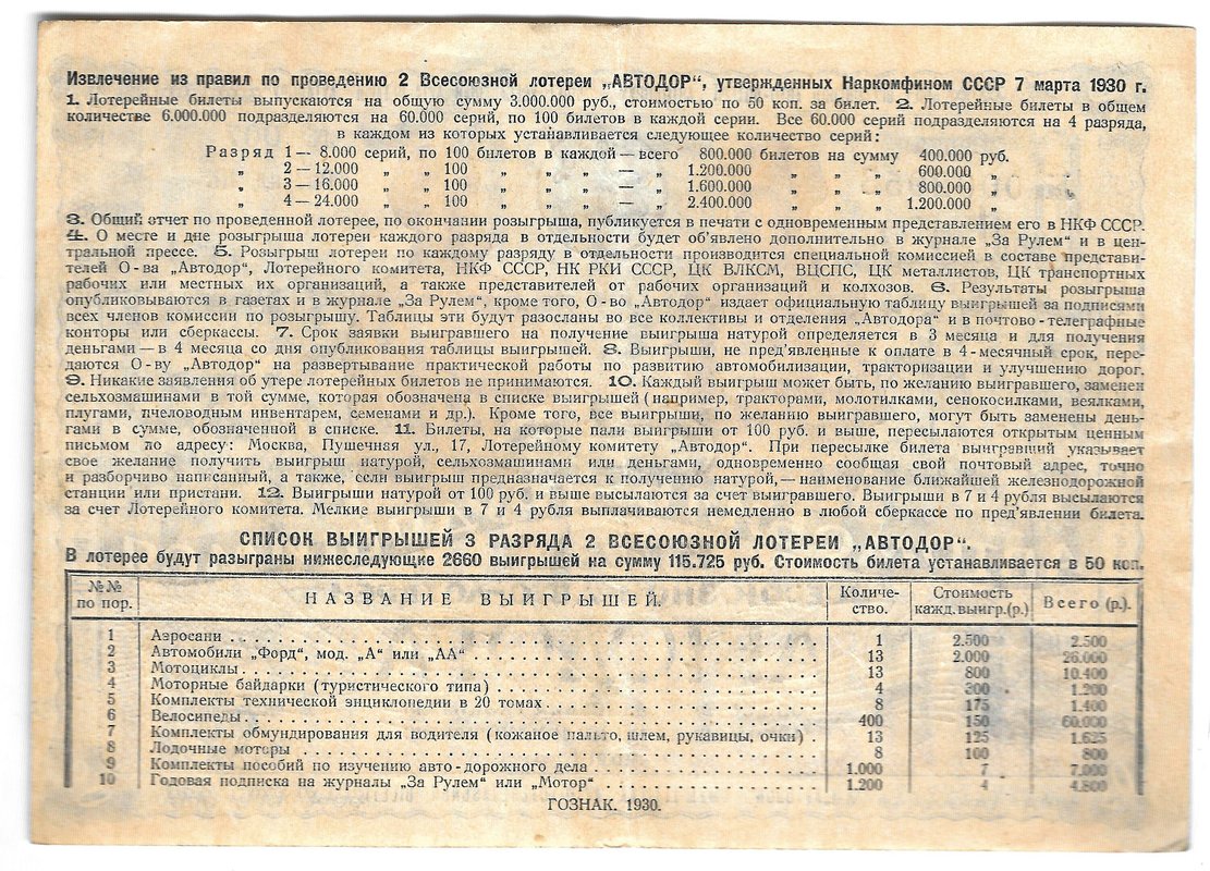 Лотерейный билет 50 копеек 1930 2-я Всесоюзная лотерея АВТОДОР Разряд 3 зеленый фон
