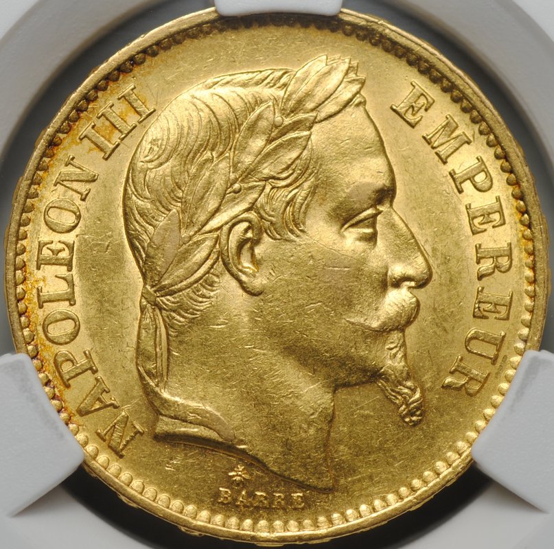 Монета 20 франков 1867 A Франция слаб CPRC MS 61