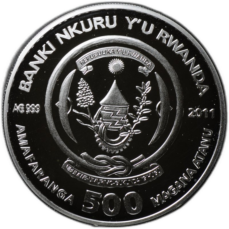 Монета 500 франков 2011 Кошки - Русская голубая Руанда