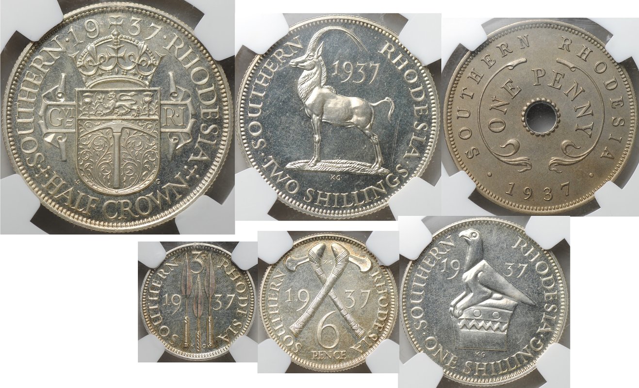 Набор 1 пенни, 3, 6, пенсов, 1, 2 шиллинга, 1/2 кроны 1937 PROOF Южная Родезия слабы NGC PF 63-66 6 монет