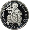 Монета 1000 лир 1991 Олимпиада Барселона 1992 PROOF Сан-Марино