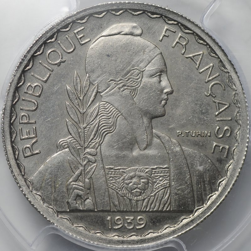 Монета 20 сантимов (центов) 1939 пробные Essai Французский Индокитай слаб PCGS SP 64