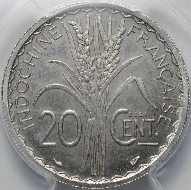 Монета 20 сантимов (центов) 1939 пробные Essai Французский Индокитай слаб PCGS SP 64