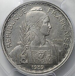 фото для Монета 20 сантимов (центов) 1939 пробные Essai Французский Индокитай слаб PCGS SP 64 Аверс