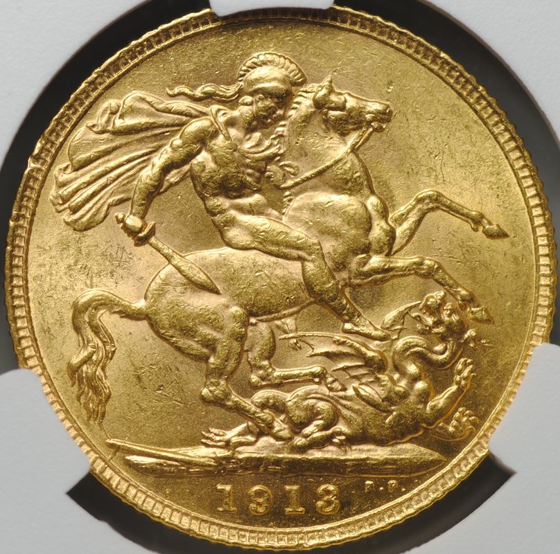 Монета 1 соверен (фунт) 1913 Великобритания слаб CPRC MS 62