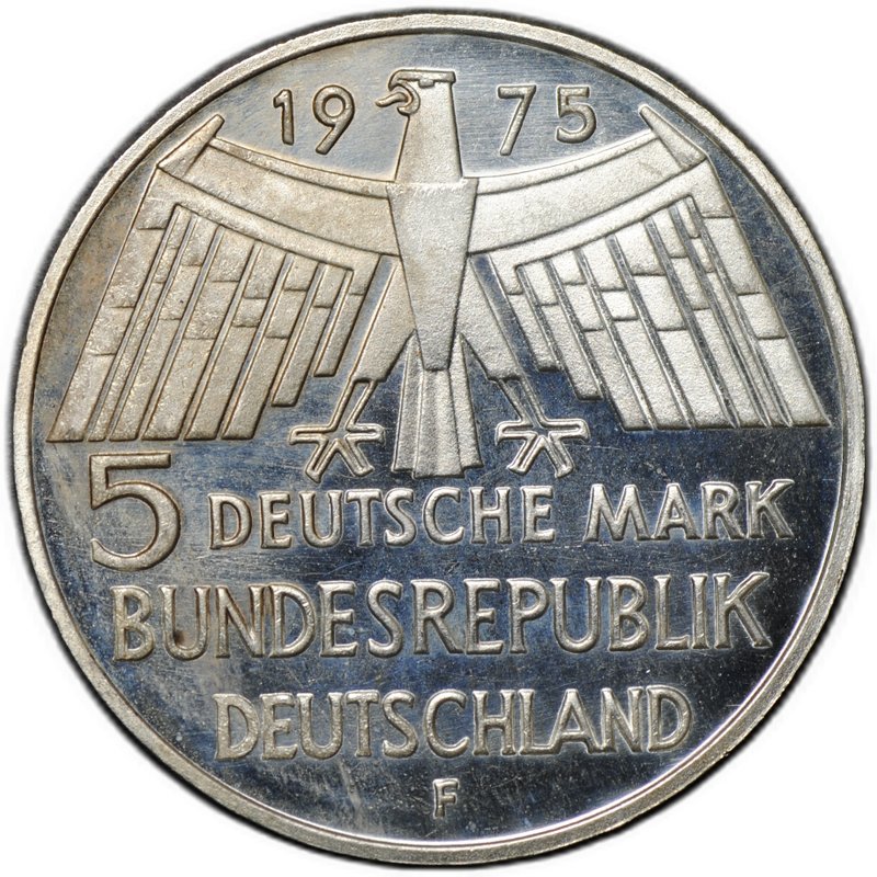 Монета 5 марок 1975 F Европейский год охраны памятников Германия ФРГ