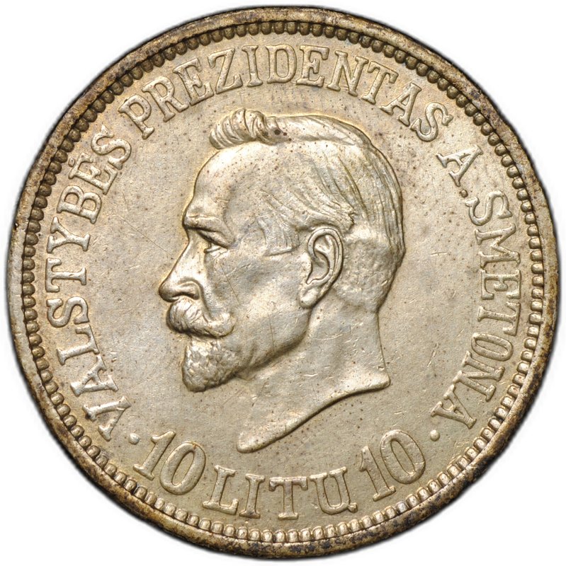 Монета 10 лит 1938 20 лет республике Президент Сметона Литва