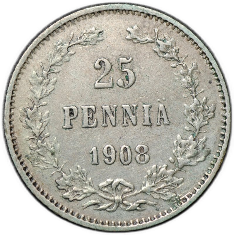 Монета 25 пенни 1908 L Русская Финляндия