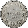 Монета 1 марка 1874 S Русская Финляндия