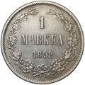 Монета 1 марка 1892 L Русская Финляндия