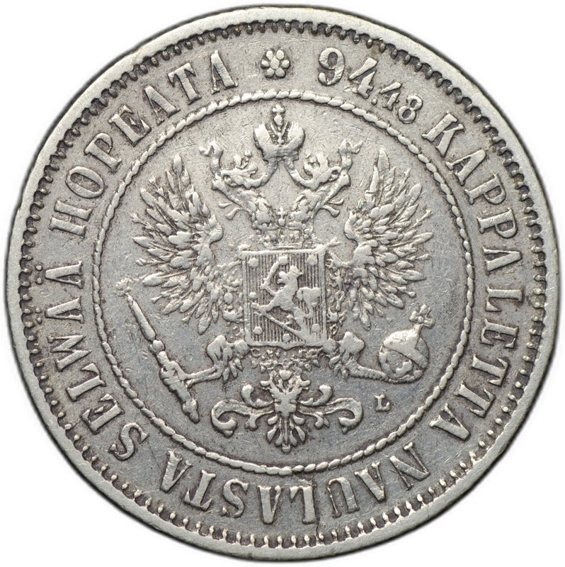 Монета 1 марка 1892 L Русская Финляндия