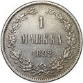 Монета 1 марка 1892 L Русская Финляндия