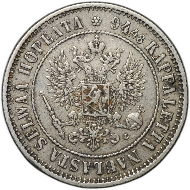 Монета 1 марка 1892 L Русская Финляндия